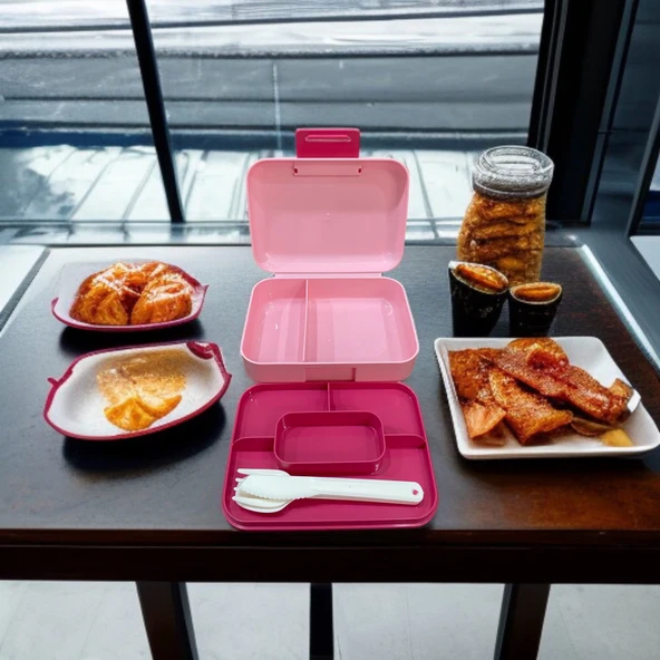 İki Katlı Pembe Renk Çocuk Beslenme Kutusu Çatal,Bıçak,Kaşık Setli - 3