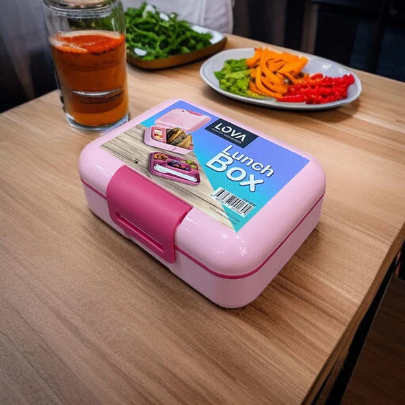 İki Katlı Pembe Renk Çocuk Beslenme Kutusu Çatal,Bıçak,Kaşık Setli