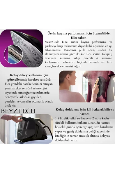 Philips SteamGlide Taban OptimalTEMP Teknolojisi Sıfır Yanma Riski Hareket Sensörü Otomatik Buhar - 3
