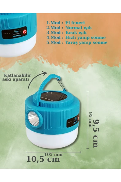 Kamp Lambası Solar Şarjlı El Feneri USB Type-C Şarj Çıkışlı Power Bank Özellikli A54 - 3