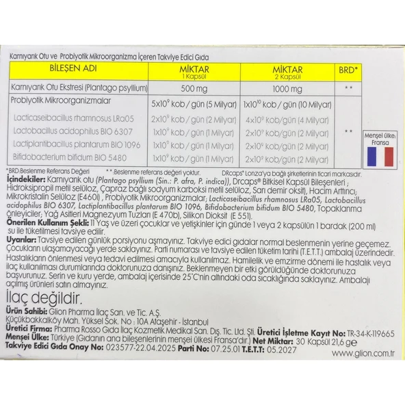 Glion Pharma Laxıcons Kapsül Karnıyarık Otu ve Probiyotik İçeren Takviye Edici Gıda 30 Kapsül - 2