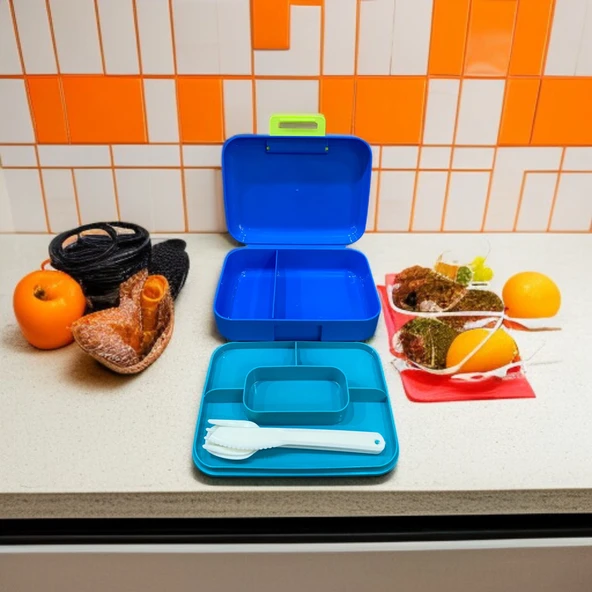 İki Katlı Mavi Renk Çocuk Beslenme Kutusu Çatal,Bıçak,Kaşık Setli - 3