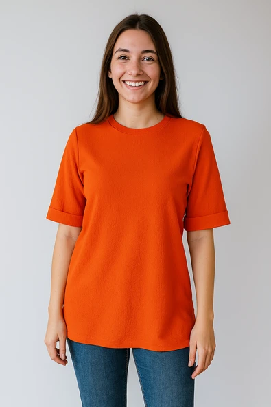Kadın Oversize kalıp Bürümcük Kumaş Duble Kol Yandan Yırtmaçlı T-shirt Bluz - T954 ürün görseli