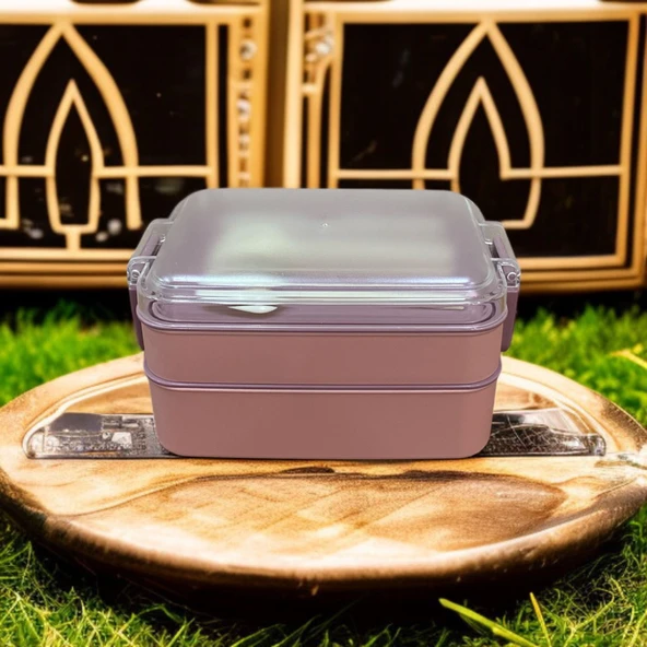 Dikdörtgen İki Katlı Pembe Renk 900 ml Lunch Box Beslenme Kutusu Beslenme Kabı Seti Saklama Kabı - 2