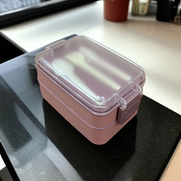 Dikdörtgen İki Katlı Pembe Renk 900 ml Lunch Box Beslenme Kutusu Beslenme Kabı Seti Saklama Kabı