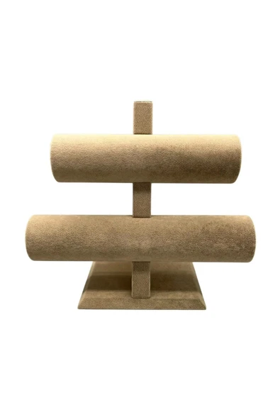 Süet Kaplama Sütlü Kahve 26/18 cm Renk İki Kademeli Saat Bileklik Sergileme Standı - Resim 3