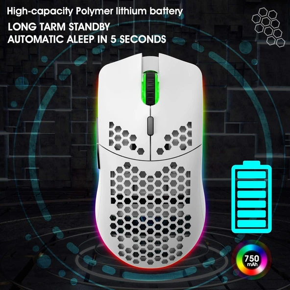 Valkyrie Kablosuz Petek Tasarım Şarjlı Gaming Mouse – RGB Aydınlatmalı 3200 DPI Ultra Hafif Beyaz - 8