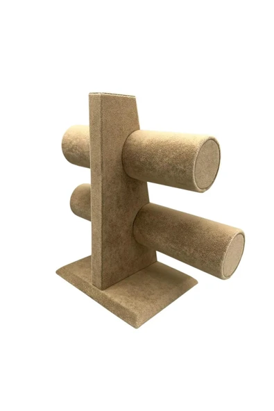 Süet Kaplama Sütlü Kahve 26/18 cm Renk İki Kademeli Saat Bileklik Sergileme Standı - Resim 2