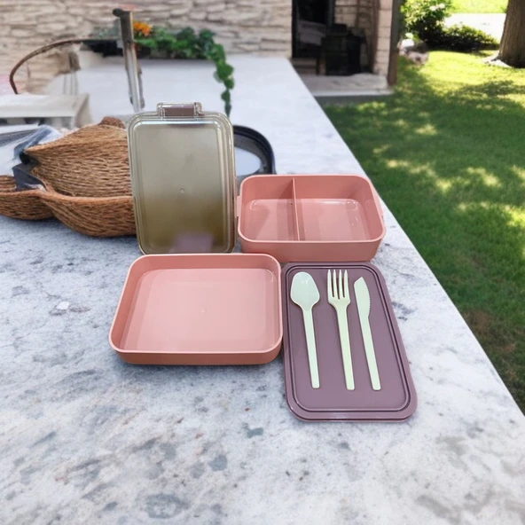 Dikdörtgen İki Katlı Pembe Renk 900 ml Lunch Box Beslenme Kutusu Beslenme Kabı Seti Saklama Kabı - 3
