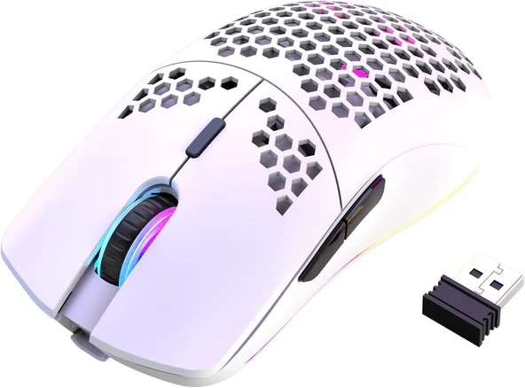 Valkyrie Kablosuz Petek Tasarım Şarjlı Gaming Mouse – RGB Aydınlatmalı 3200 DPI Ultra Hafif Beyaz - 3
