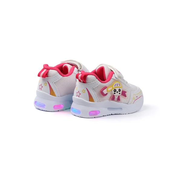 Kız Bebe Beyaz Fuşya Figürlü Işıklı Cırtlı Sneaker Günlük Spor Ayakkabı - 2