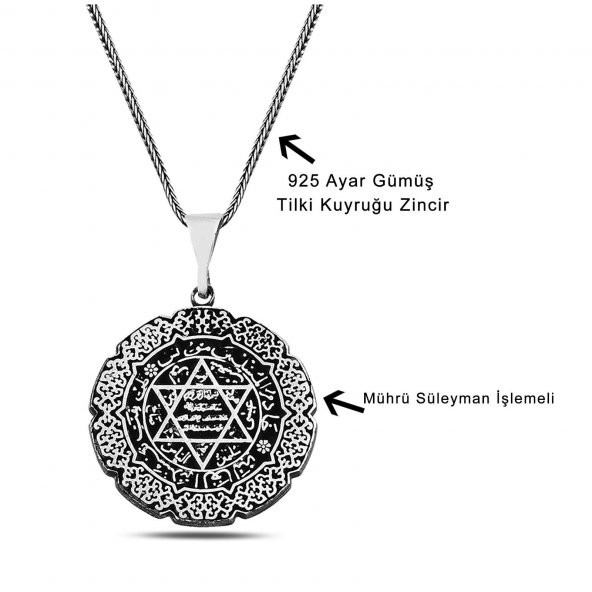 Motifli Süleyman Mühür Davut Yıldızı 60 cm 925 Gümüş Kolye - 2