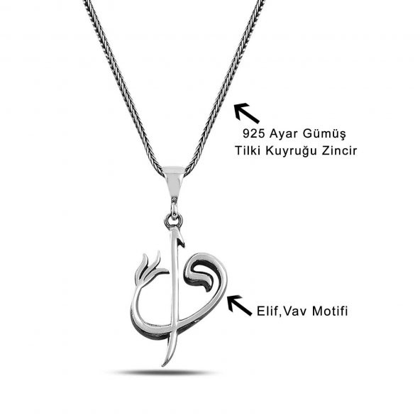 Elif Vav Harfli ve Lale Desenli 60 cm 925 Gümüş Kolye - 2