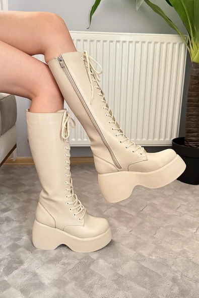 Kadın Bellina Bej Cilt Bağcık Detaylı Fermuarlı 9 cm Topuklu Platfomlu Çizme - 5