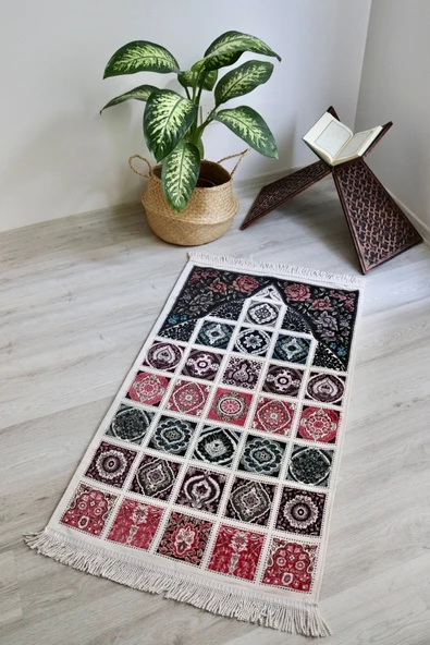 40 Yama Desenli Astarlı Lüks Seccade S1017 Mürdüm - Resim 8