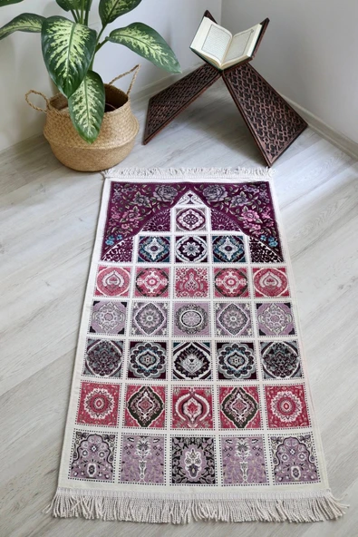 40 Yama Desenli Astarlı Lüks Seccade S1017 Mürdüm - Resim 2