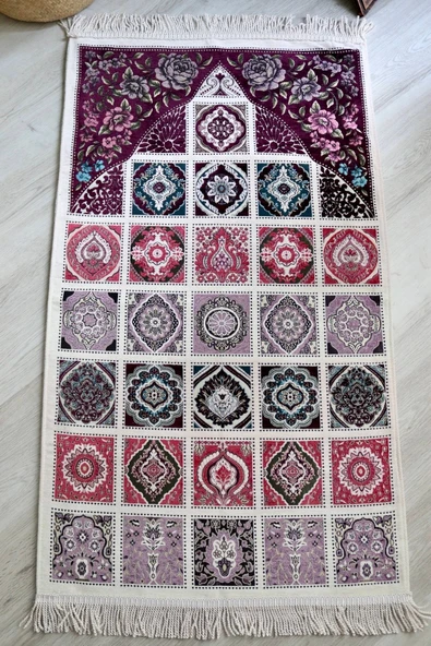 40 Yama Desenli Astarlı Lüks Seccade S1017 Mürdüm - Resim 4