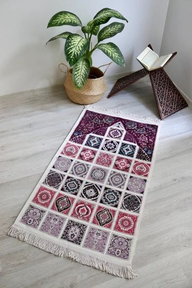 40 Yama Desenli Astarlı Lüks Seccade S1017 Mürdüm - Resim 3