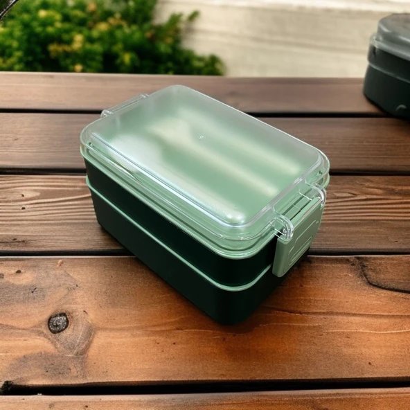 Dikdörtgen İki Katlı Yeşil Renk 900 ml Lunch Box Beslenme Kutusu Beslenme Kabı Seti Saklama Kabı