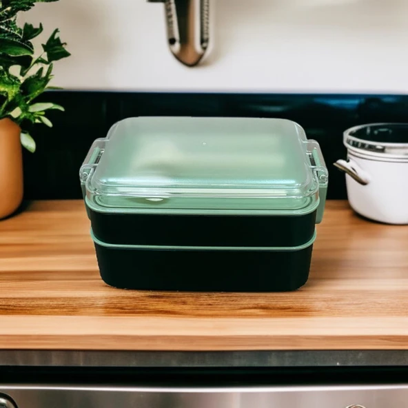 Dikdörtgen İki Katlı Yeşil Renk 900 ml Lunch Box Beslenme Kutusu Beslenme Kabı Seti Saklama Kabı - 2
