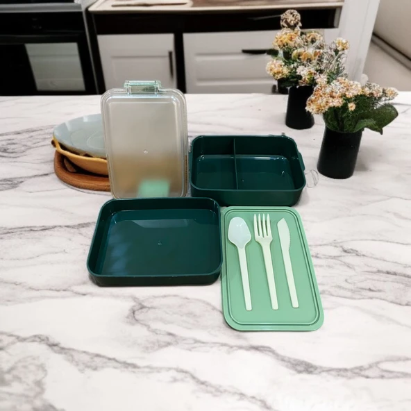 Dikdörtgen İki Katlı Yeşil Renk 900 ml Lunch Box Beslenme Kutusu Beslenme Kabı Seti Saklama Kabı - 3