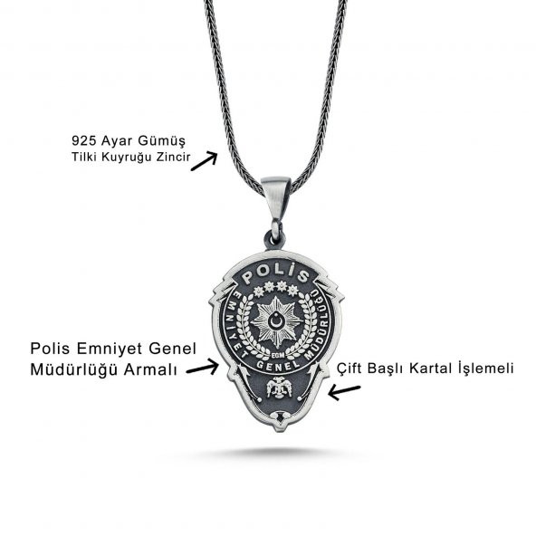 Türk Polis EGM Rozet 60 cm 925 Gümüş Kolye - Resim 2