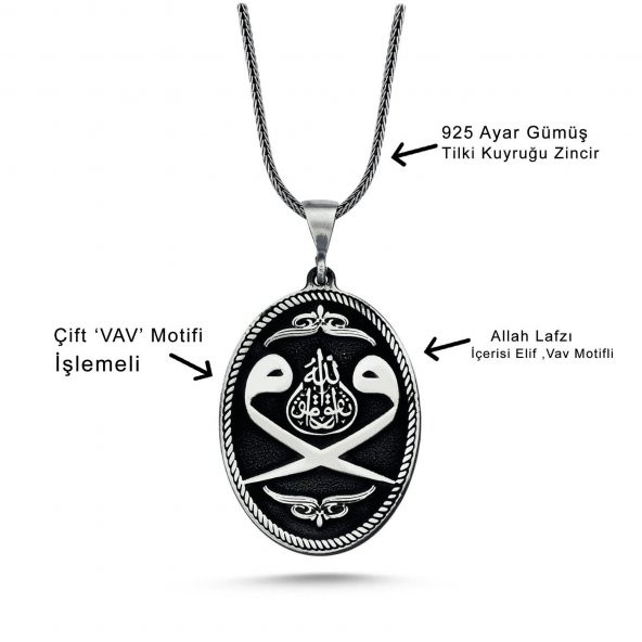 Çift Vav Harfi Allah Yazılı 60 cm 925 Gümüş Kolye - Resim 2
