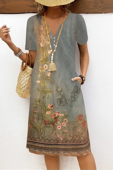 Kadın Kısa Kollu V Yakalı Desenli Süprem Elbise - Resim 2