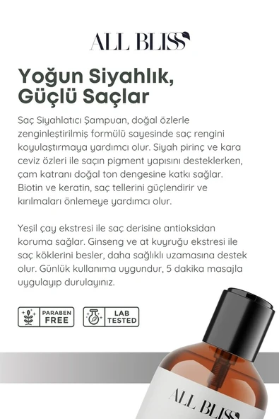 ALL BLİSS All Bliss Siyah ton Saç Şampuan 400 ml Kafein Aloe Vera Keratin Biotin ve Kolajen - Resim 3