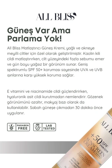 ALL BLİSS SPF 100 Matlaştırıcı Güneş Kremi 50 ml - Resim 3