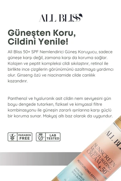 ALL BLİSS All Bliss SPF 50+ Nemlendirici Güneş Kremi 50 ml  Yüksek Korumalı  Yoğun Nemlendirici Güneş Bakımı - Resim 3