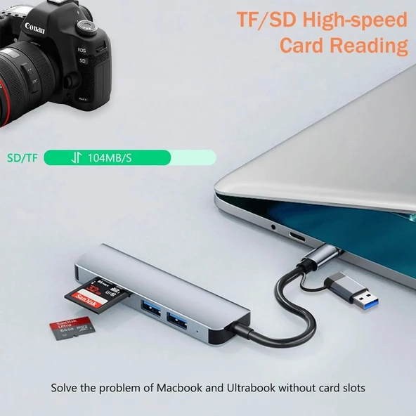 1 TO 5 USB Çoklayıcı Hafıza Kart Okyuculu USB Type-C Hub Port Adaptör - 3