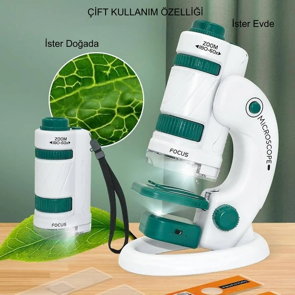 TriLine Mikroskop Deney Seti 180X Portatif LED Işıklı Eğitici Öğretici 21 Parça Mobil Mini Taşınabilir - Resim 3