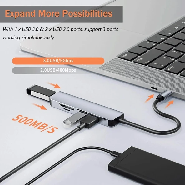 1 TO 5 USB Çoklayıcı Hafıza Kart Okyuculu USB Type-C Hub Port Adaptör - 2