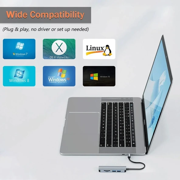 1 TO 5 USB Çoklayıcı Hafıza Kart Okyuculu USB Type-C Hub Port Adaptör - 6
