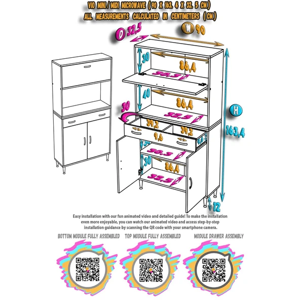 Modilayn VİO (90x163,4x32.5 cm) Çekmeceli, Kapaklı, Ekmeklikli. Mini/Midi Mikrodalga Mutfak Dolabı - Resim 5