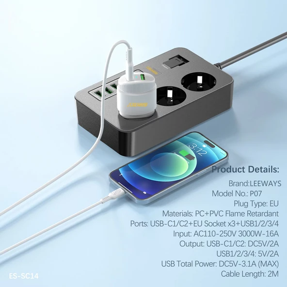 3'lü Akım Korumalı Grup Priz - Çocuk Korumalı 4USB 2 TYPE-C Portlu - 5