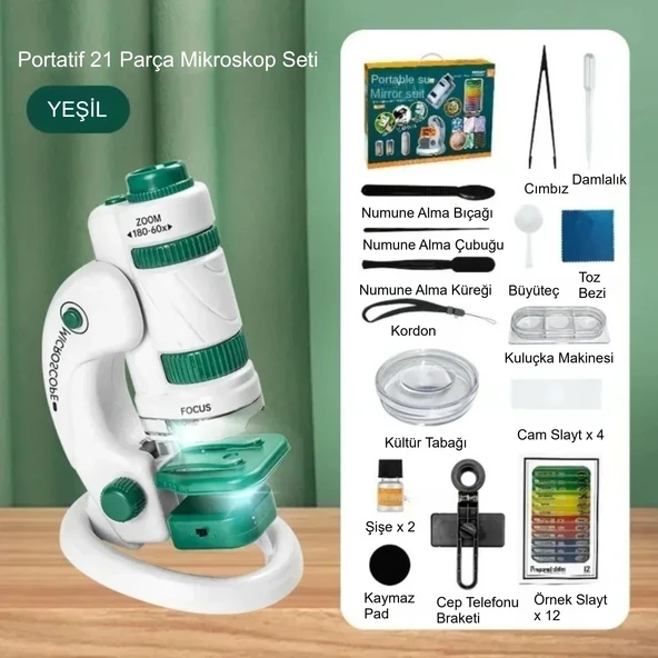 TriLine Mikroskop Deney Seti 180X Portatif LED Işıklı Eğitici Öğretici 21 Parça Mobil Mini Taşınabilir - Resim 2