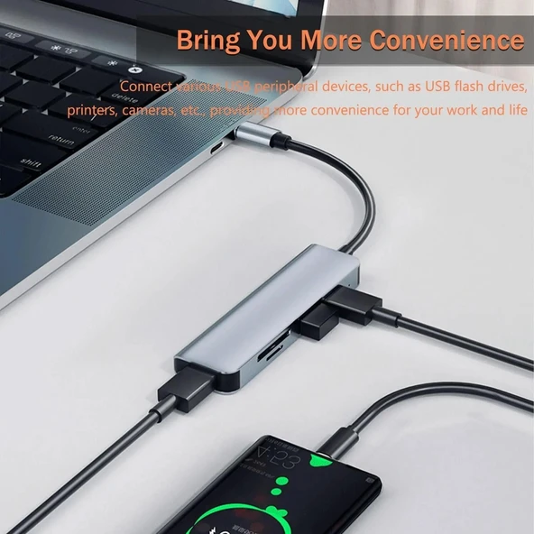 1 TO 5 USB Çoklayıcı Hafıza Kart Okyuculu USB Type-C Hub Port Adaptör - 5