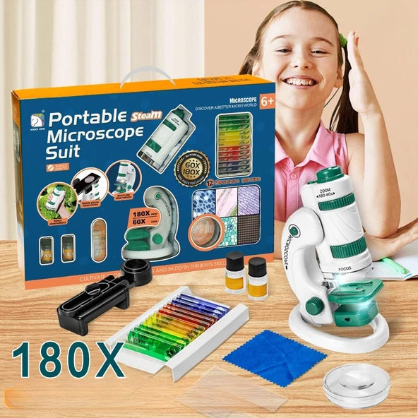 TriLine Mikroskop Deney Seti 180X Portatif LED Işıklı Eğitici Öğretici 21 Parça Mobil Mini Taşınabilir ürün görseli 1