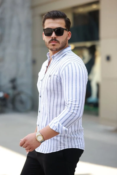 Erkek çizgili Uzun Kollu Gömlek - Resim 2