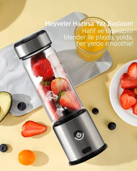 450 ml Taşınabilir Smoothie Blender Şarjlı Paslanmaz Çelik Bıçaklı Mikser Yedek Silion Kapaklı - 3