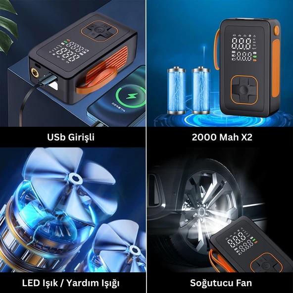 Şarjlı Powerbank özellikli 150 PSİ LastikHava Kompresörü Hava Pompası - 6