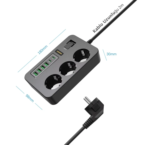 3'lü Akım Korumalı Grup Priz - Çocuk Korumalı 4USB 2 TYPE-C Portlu - 3