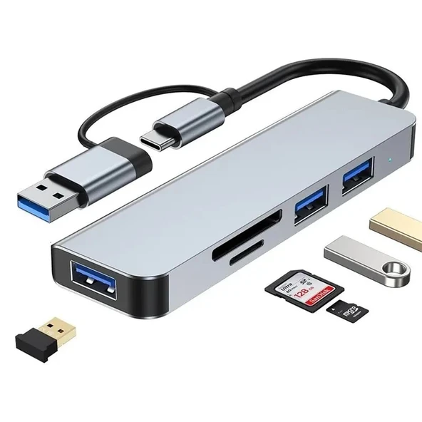 1 TO 5 USB Çoklayıcı Hafıza Kart Okyuculu USB Type-C Hub Port Adaptör