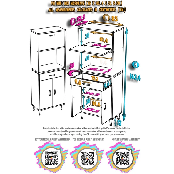 Modilayn VİO (85x163,4x32.5 cm) Çekmeceli, Kapaklı, Ekmeklikli. Mini/Midi Mikrodalga Mutfak Dolabı - Resim 5