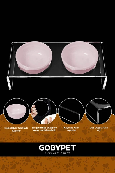 2'li Seramik Dekoratif Kedi Ve Köpek Pleksi Mama & Su Kabı Paspas Pembe - 5