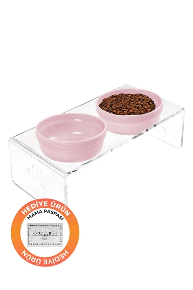 2'li Seramik Dekoratif Kedi Ve Köpek Pleksi Mama & Su Kabı Paspas Pembe