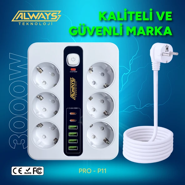 Akım Korumalı 6'lı Grup Priz 4 USB'li ve 2 TYPE-C li 6'lı Grup Priz 2 m Kablo Çocuk Korumalı - 4