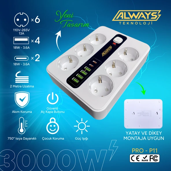 Akım Korumalı 6'lı Grup Priz 4 USB'li ve 2 TYPE-C li 6'lı Grup Priz 2 m Kablo Çocuk Korumalı - 3